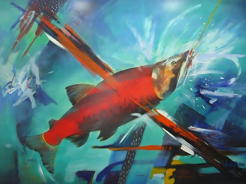 El Salto del Salmón, pintura de Chalo Rojas