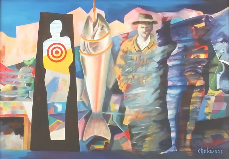 El Blanco y El Pescador, pintura de Chalo Rojas
