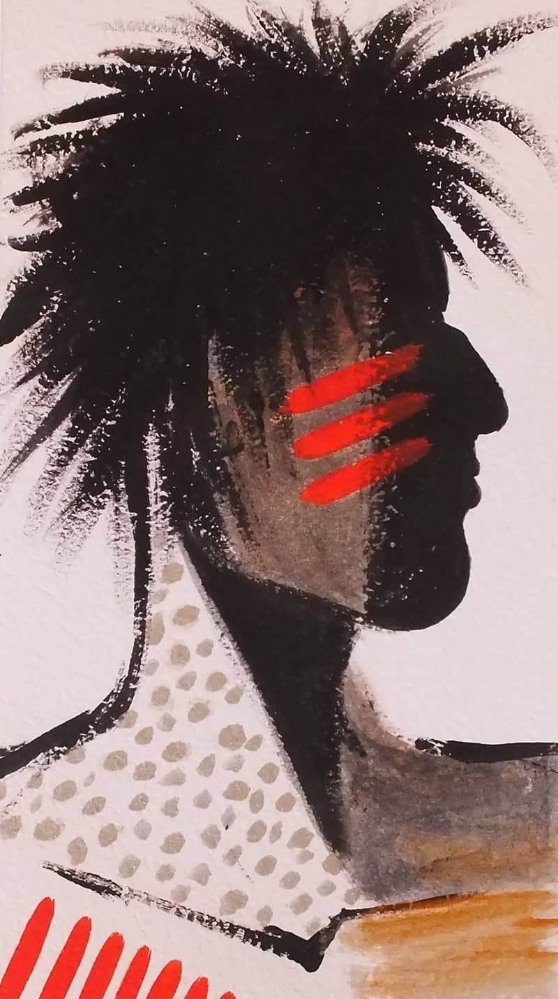 Rostro velado por rojo, dibujo de Chalo Rojas