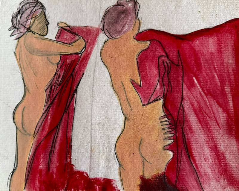 Dos cuerpos y una tela roja, dibujo de Chalo Rojas